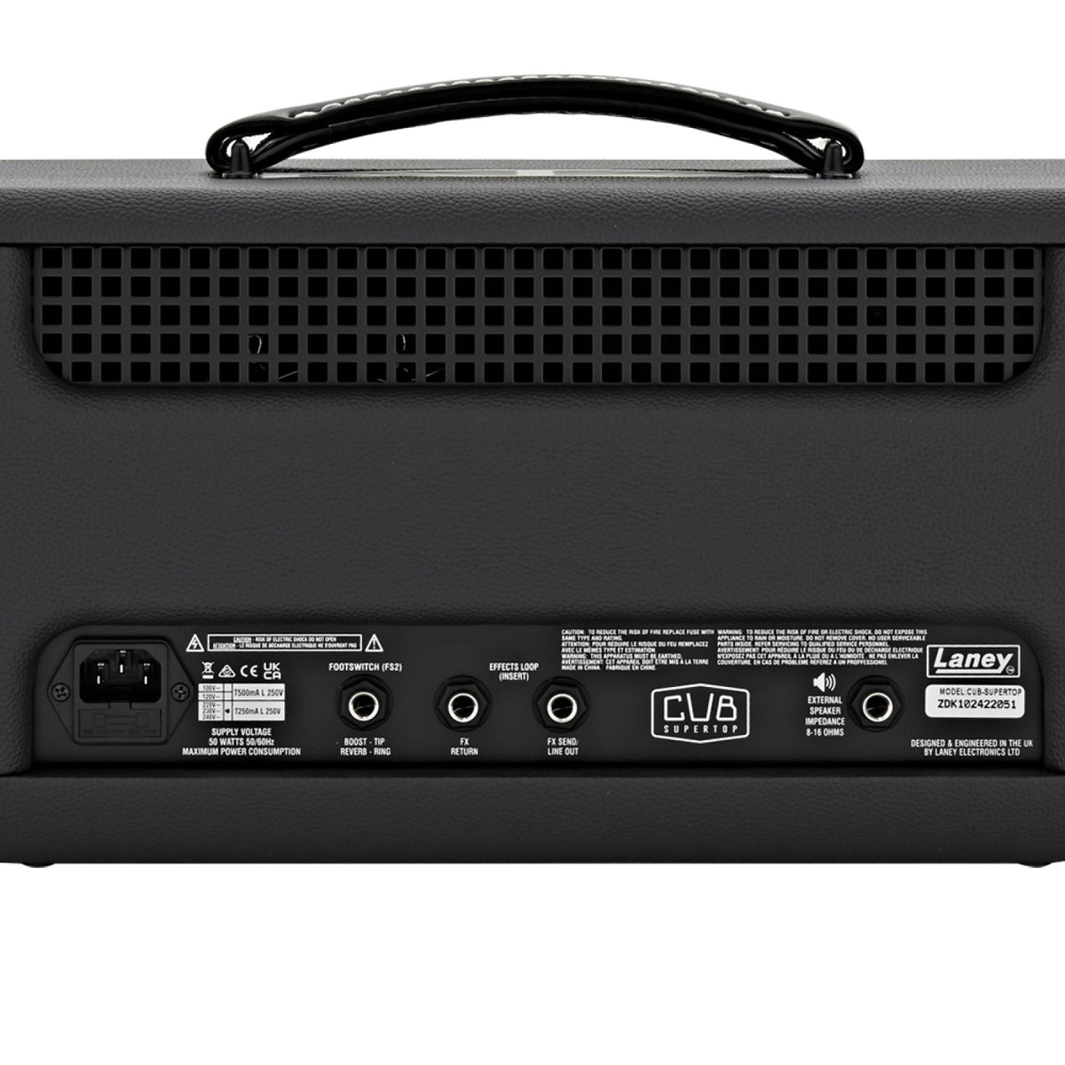Laney Cub-Supertop 15W all-tube guitar amp head close-up of the rear panel with FX loop, line out and power inlet