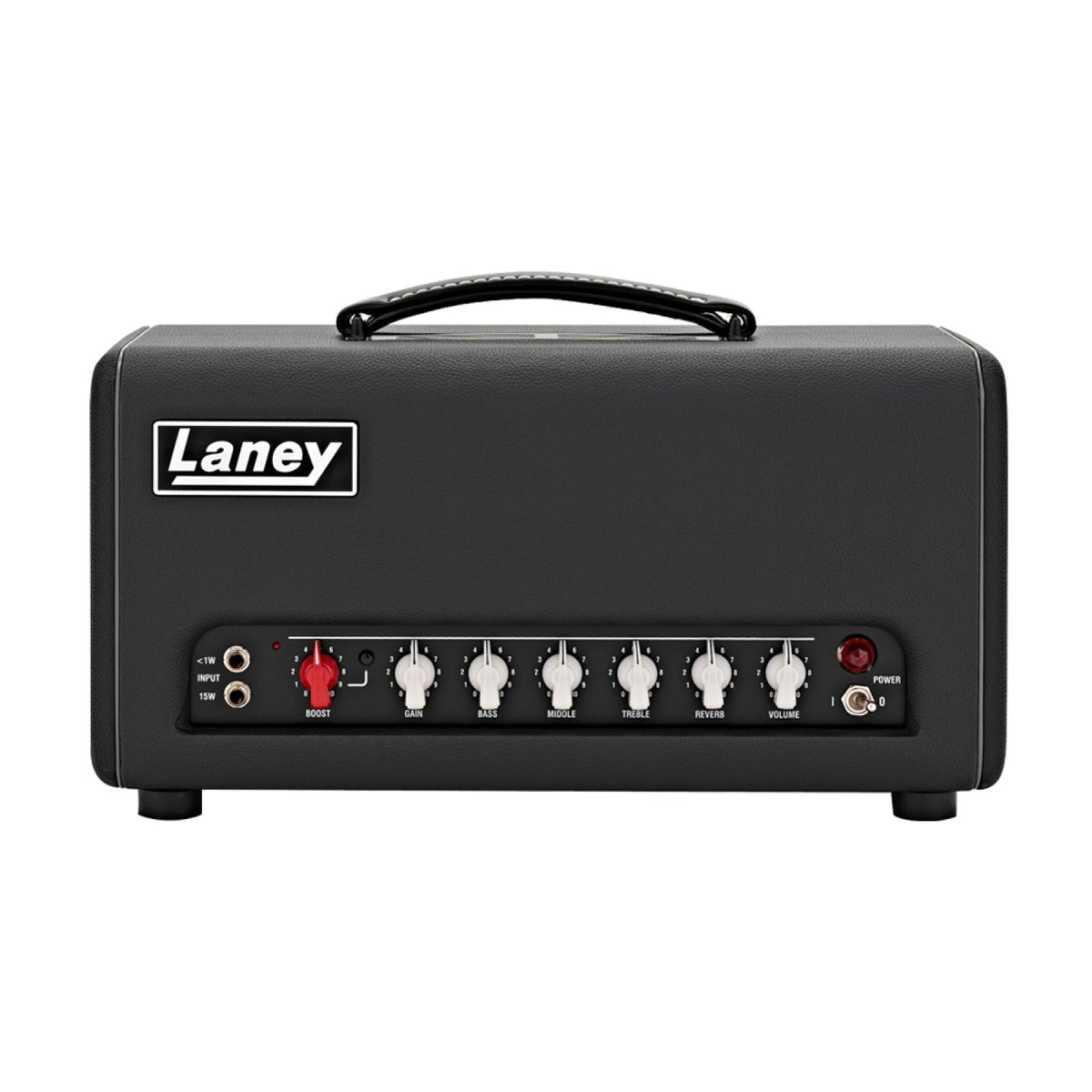Laney Cub-Supertop 15W all-tube guitar amp head front view with six control knobs, reverb and red power switch