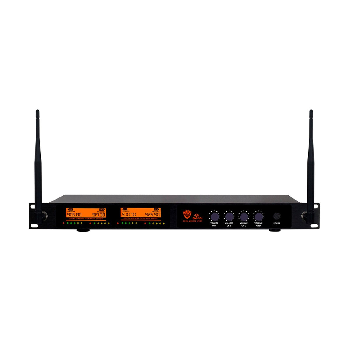 Nady DW-44 rackmount receiver, front panel with two displays and two antennas