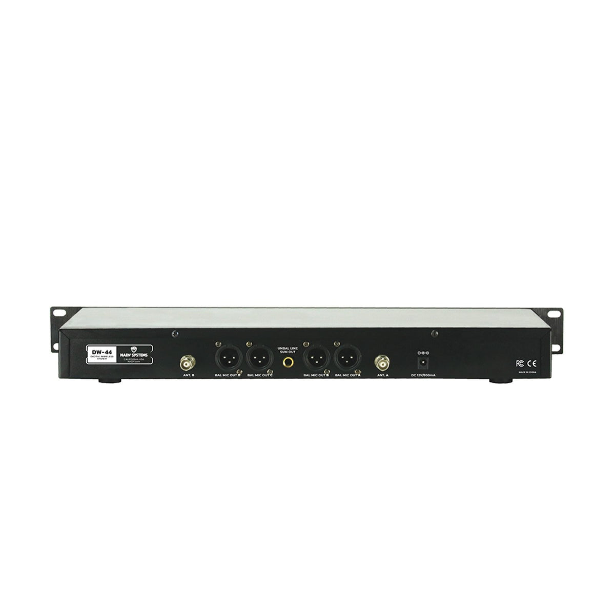 Nady DW-44 rackmount receiver, rear panel with XLR outputs and antenna connectors