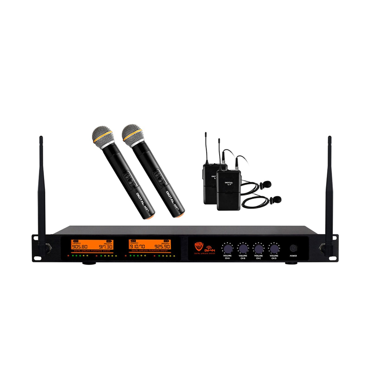 Nady DW-44 quad digital wireless system, rack receiver with two handheld and two lapel bodypack transmitters