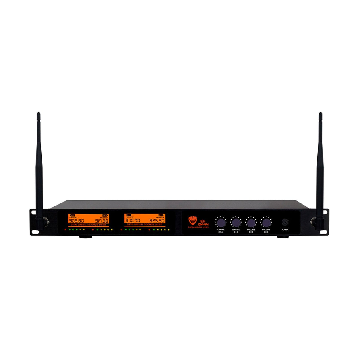 Nady DW-44 receiver, front panel with two orange displays and two antennas