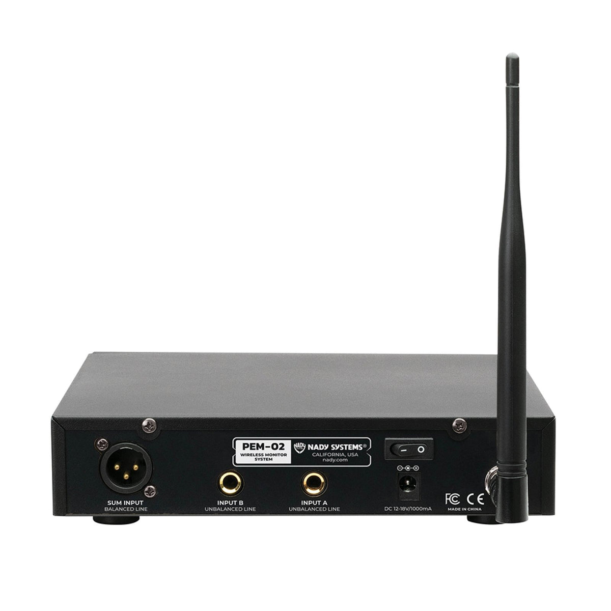 Nady PEM-02 transmitter rear panel with XLR input, two unbalanced inputs and power jack