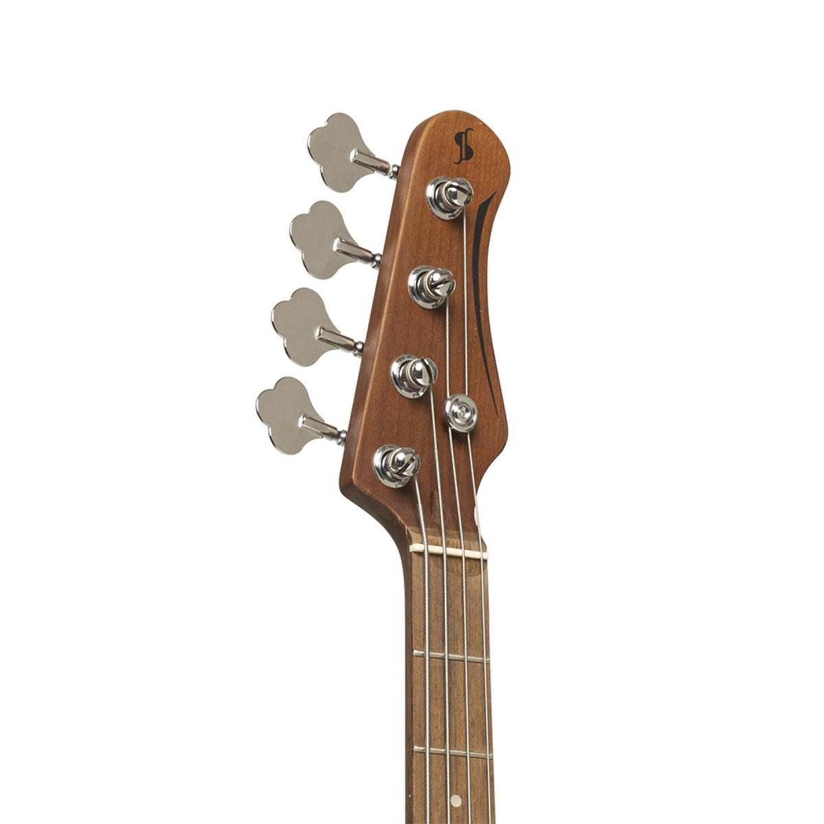 Stagg SBJ-30 BLK bass headstock with nickel machine heads on a roasted maple neck