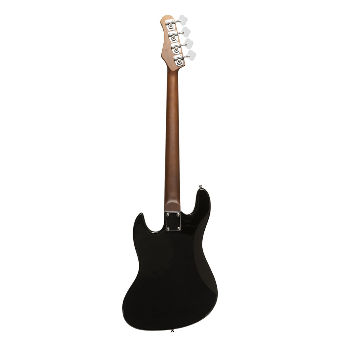 Back of the sunburst Stagg SBJ-30 bass showing the roasted maple neck and black back