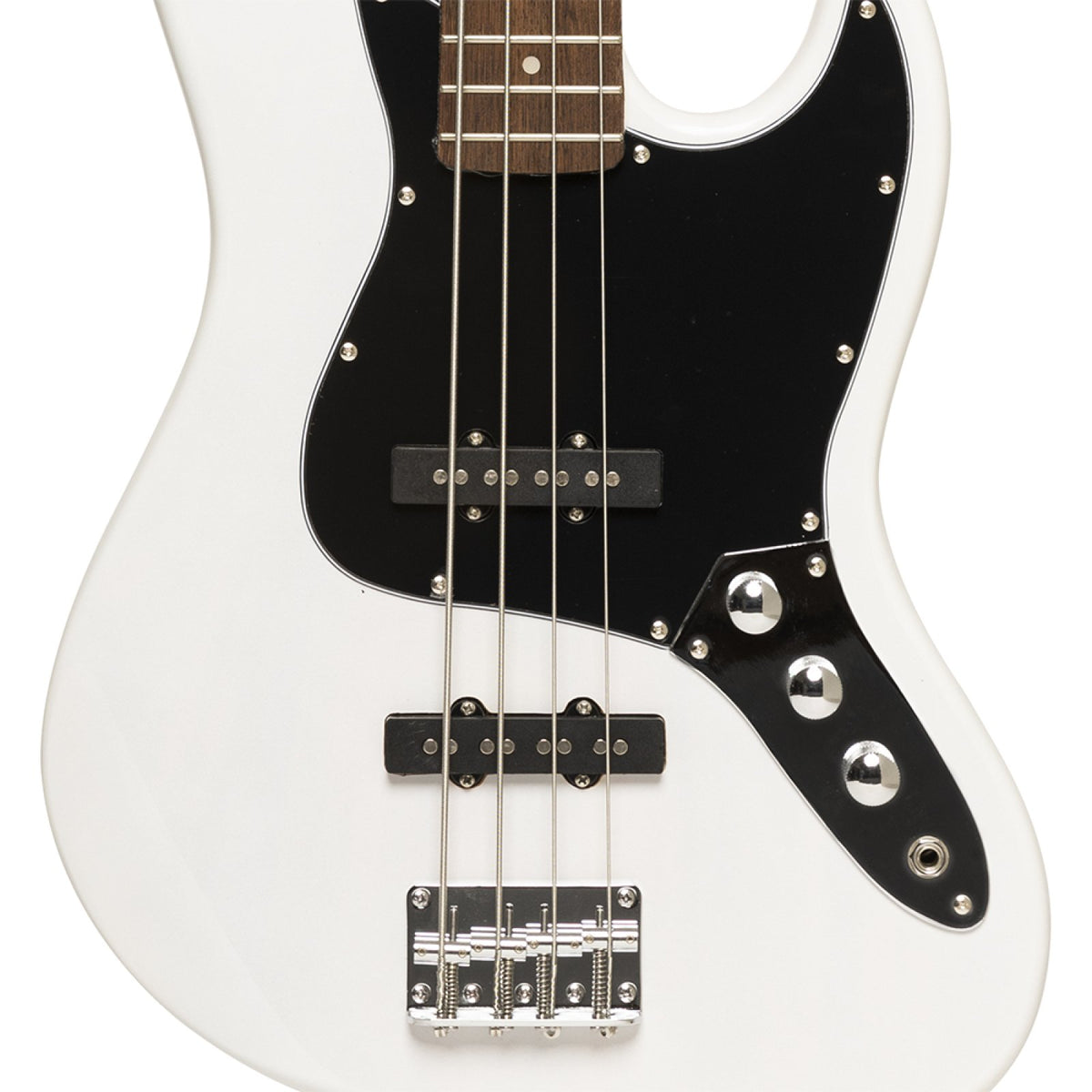 Close-up of the White Blonde Stagg SBJ-30 bass body with black pickguard, two JB pickups, controls and bridge