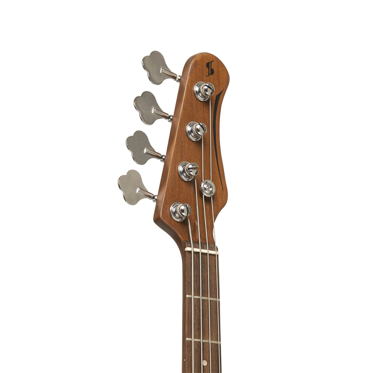 Headstock of the Stagg SBJ-30 4-string bass with nickel machine heads