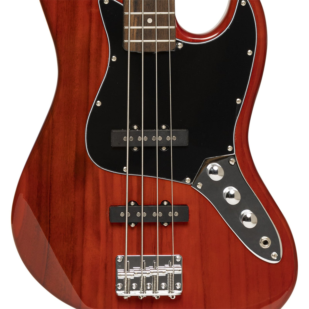 Close-up of the Fiesta Red Stagg SBJ-30 bass body with black pickguard, two JB pickups, controls and bridge