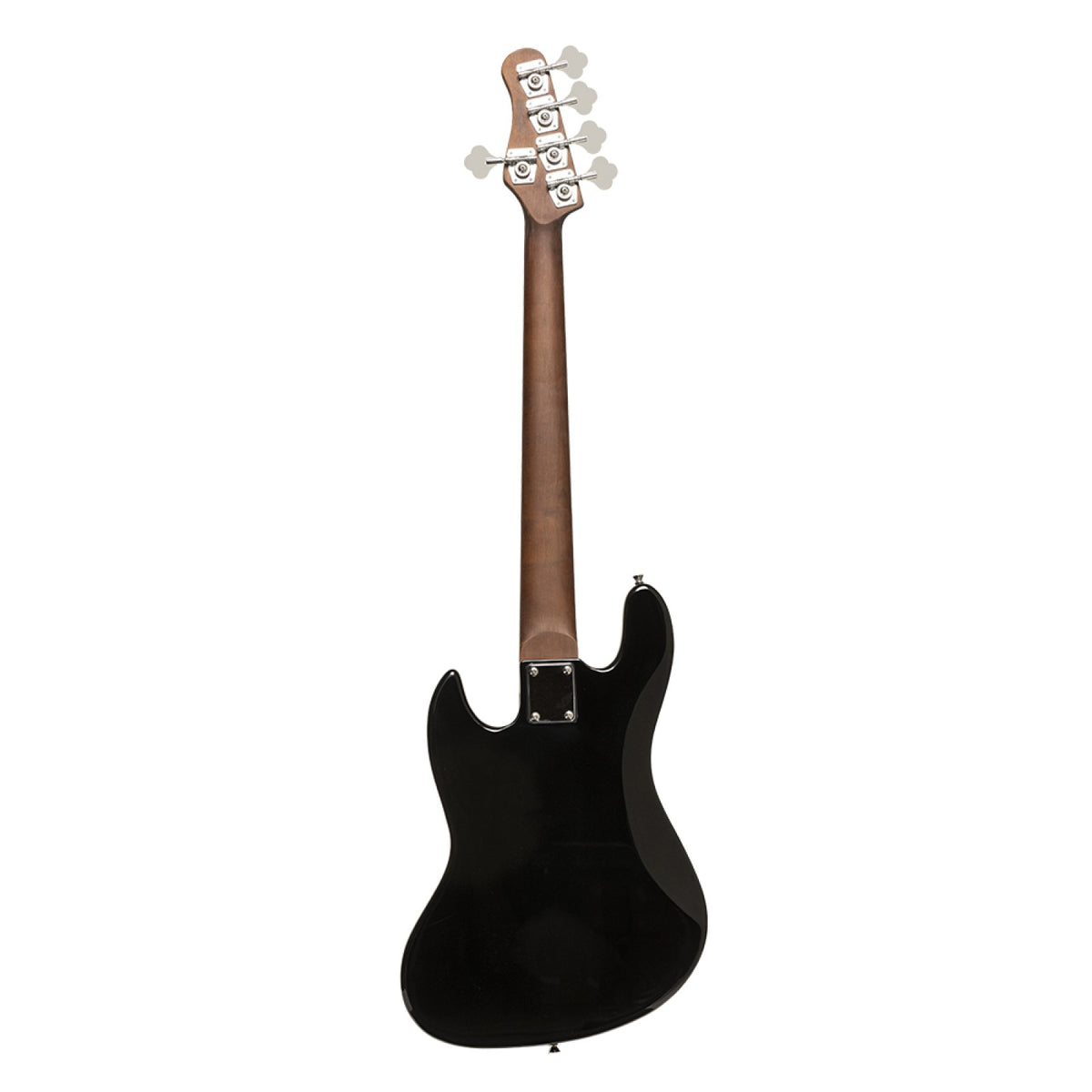 Back of the black Stagg SBJ-30 5-string bass showing the roasted maple neck and body