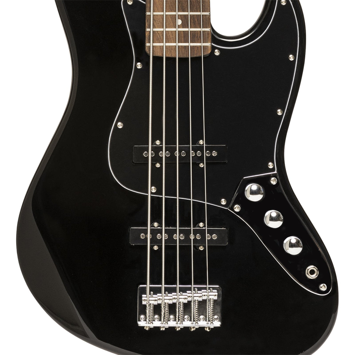 Close-up of the black Stagg SBJ-30 5-string bass body with black pickguard, two JB pickups, controls and bridge