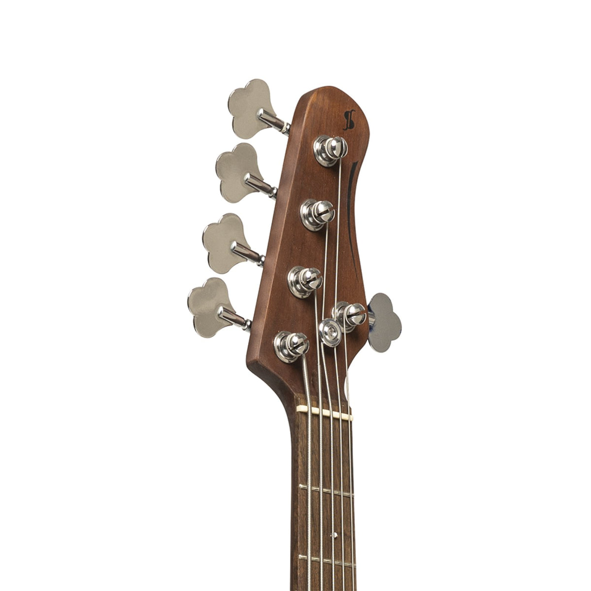 Headstock of the Stagg SBJ-30 5-string bass with nickel machine heads