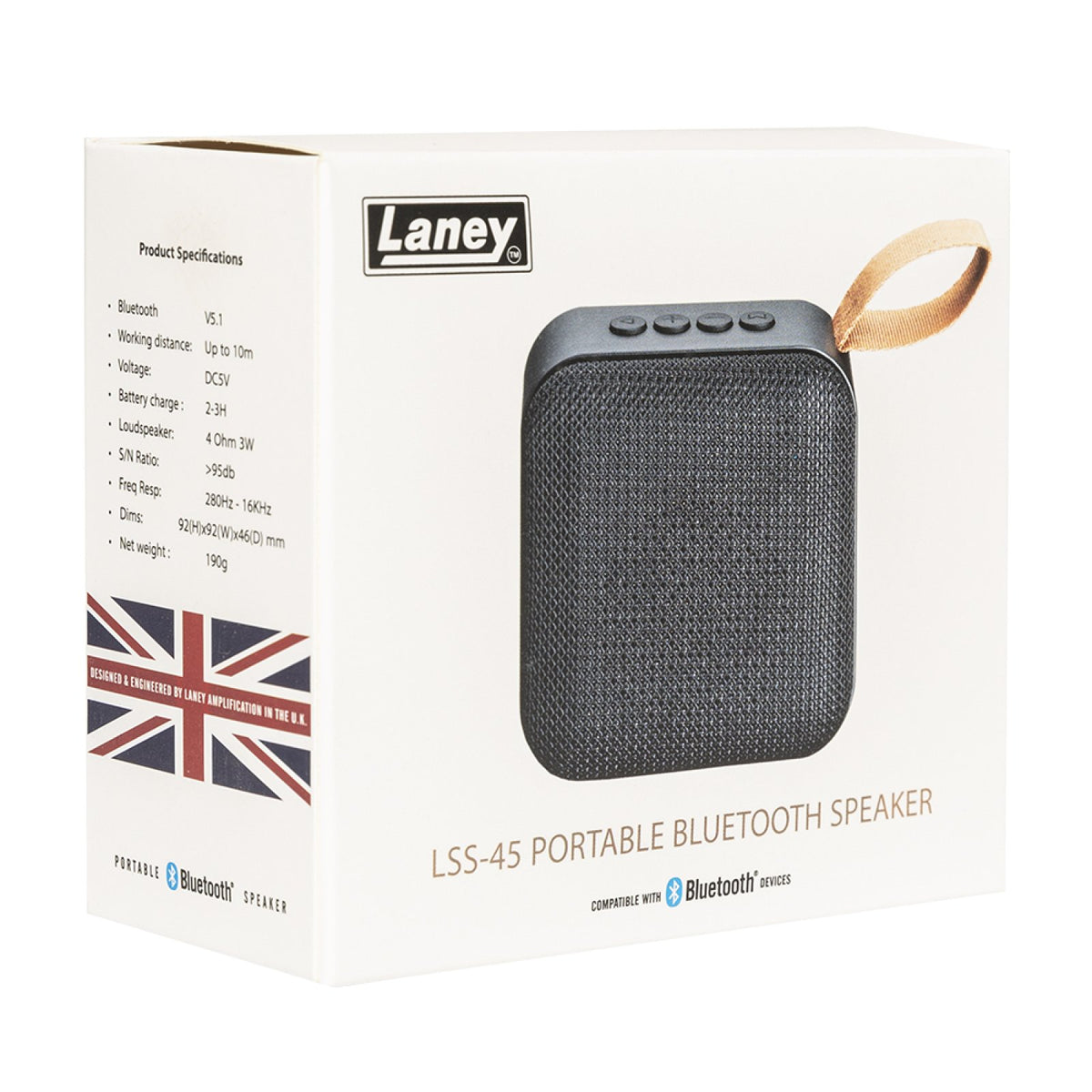 Retail box of the Laney LSS-45 portable Bluetooth speaker showing the product specifications and the speaker with its strap