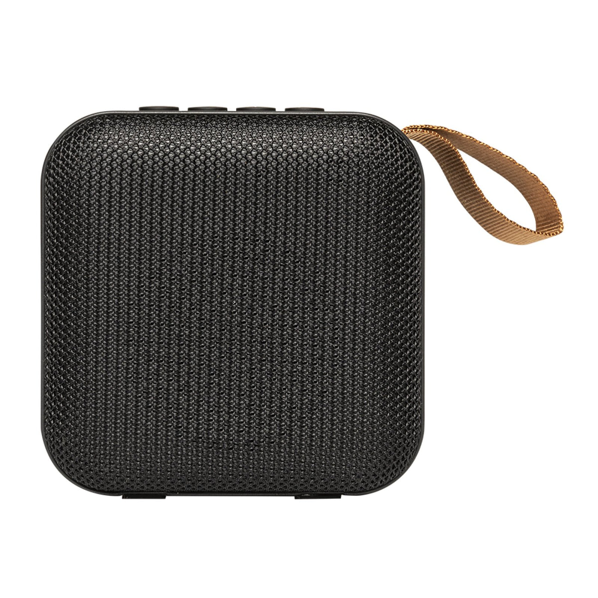 Front view of the Laney LSS-45 compact Bluetooth speaker showing the black fabric grille and tan carry strap