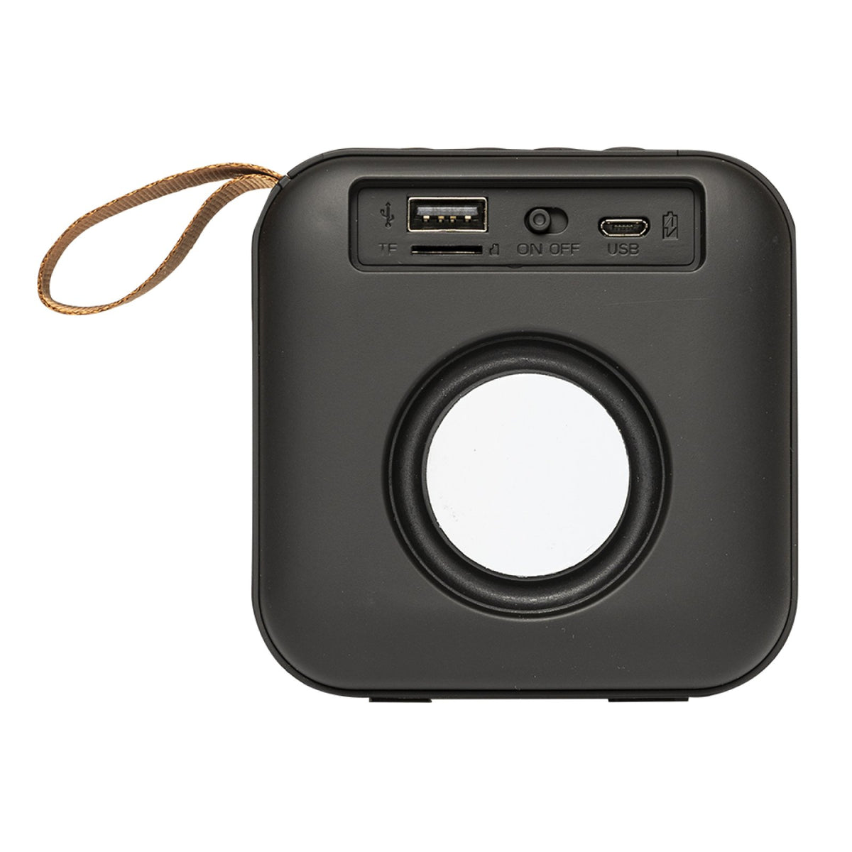 Back of the Laney LSS-45 compact Bluetooth speaker showing the USB port, MicroSD slot, on/off switch, micro USB charging port and bass radiator