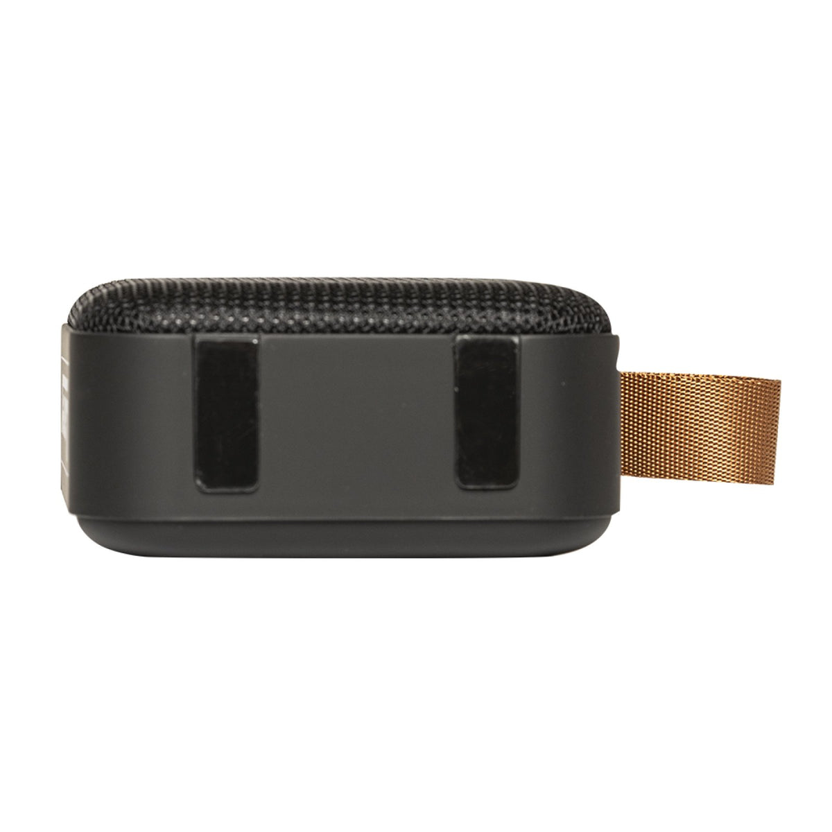 Bottom view of the Laney LSS-45 compact Bluetooth speaker showing the rubber feet and tan carry strap