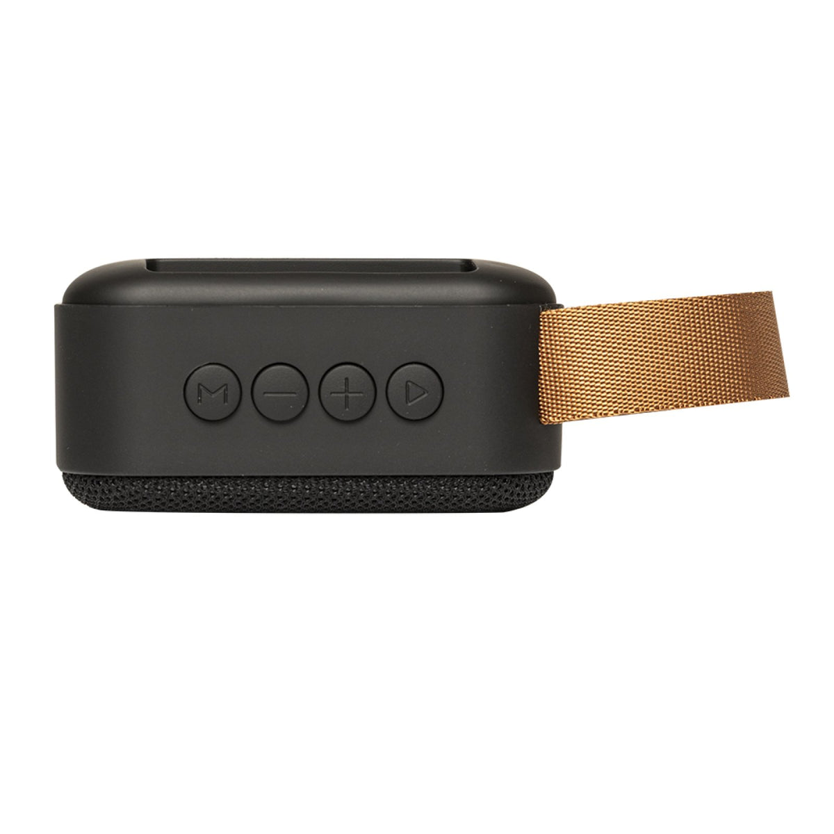 Top view of the Laney LSS-45 compact Bluetooth speaker showing the four playback control buttons and tan carry strap