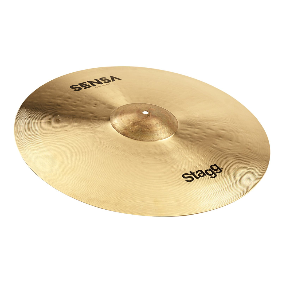 Stagg SEN-RM21E 21-inch SENSA Exo Ride cymbal, angled view showing the SENSA and Stagg logos and the raw bell
