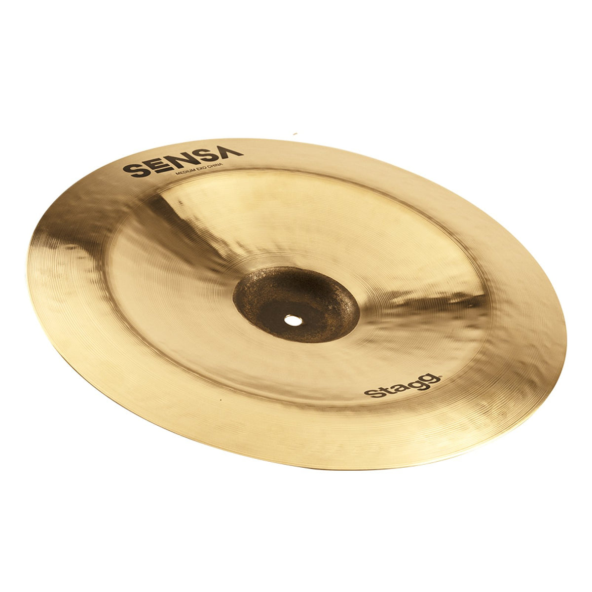 Stagg 14" Sensa Exo China Cymbal, angled view showing the upturned edge and Sensa and Stagg logos