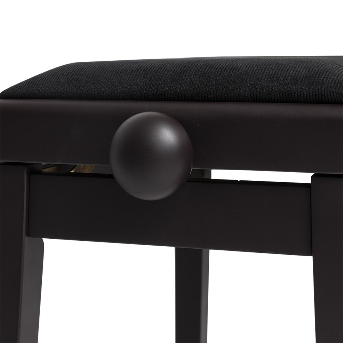 Close-up of the rosewood-coloured height adjustment knob on the Stagg PB06 piano bench