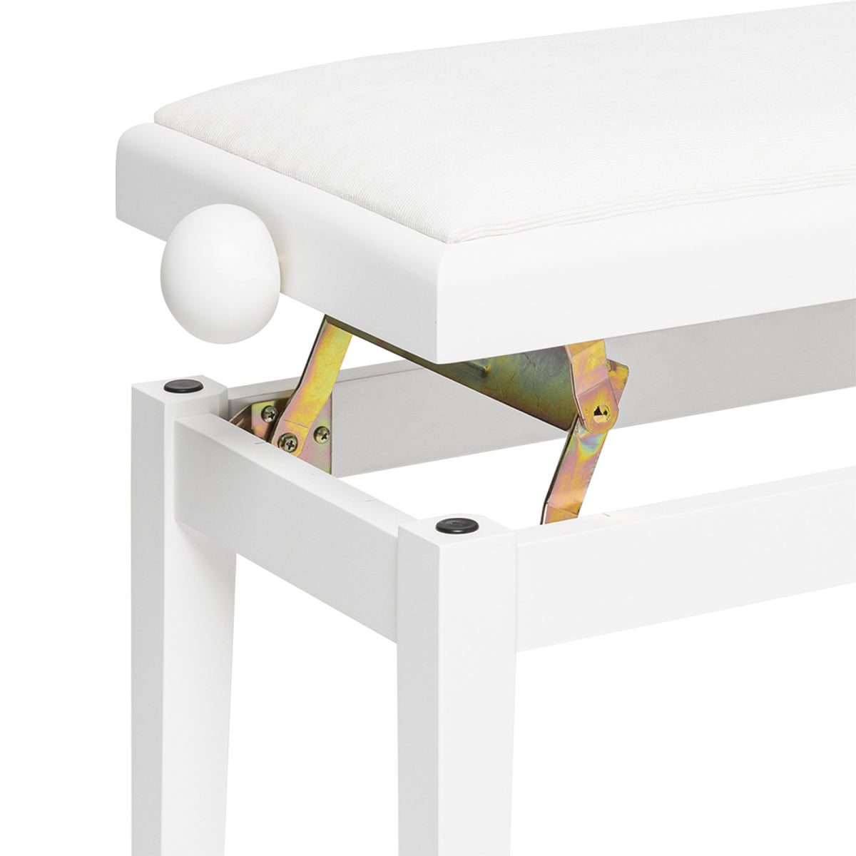 Stagg PB06 matt white piano bench with the seat raised showing the height adjustment mechanism