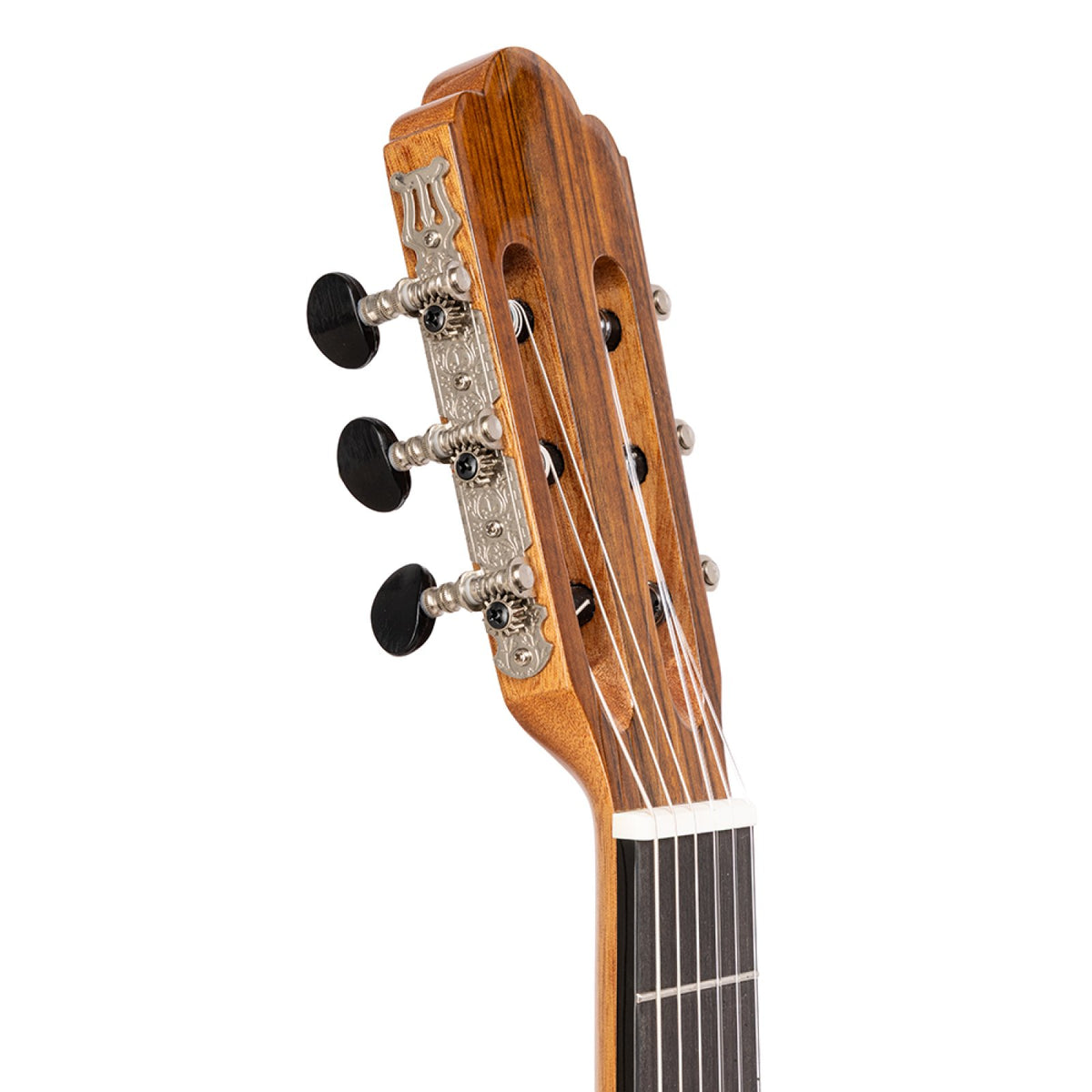 Angel Lopez Alicante CM headstock with slotted cutouts and gold lyre-style machine heads