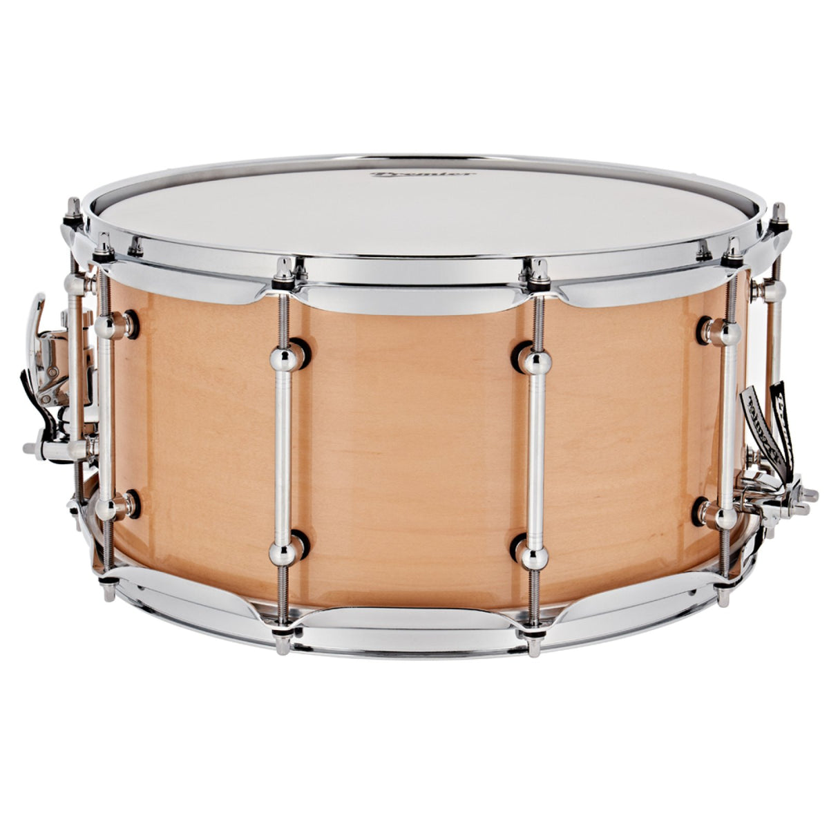 Side view of the Premier Beatmaker 13" x 7" maple snare drum showing the natural maple shell and snare strainer