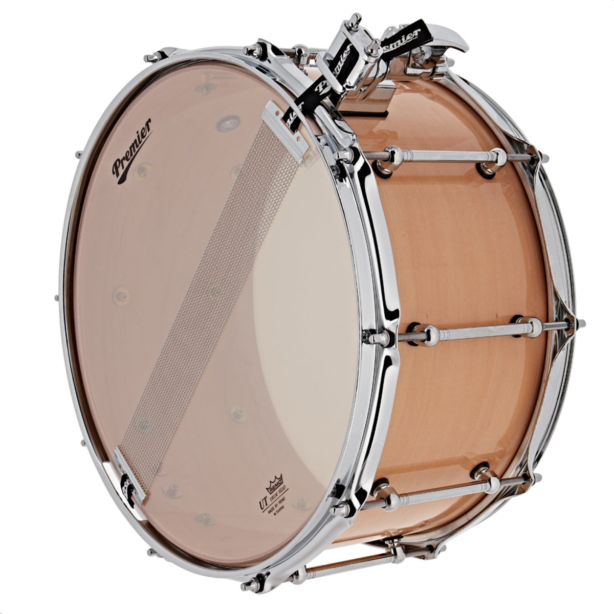 Underside of the Premier Beatmaker 13" x 7" maple snare drum showing the snare-side head and 20-strand snare wires