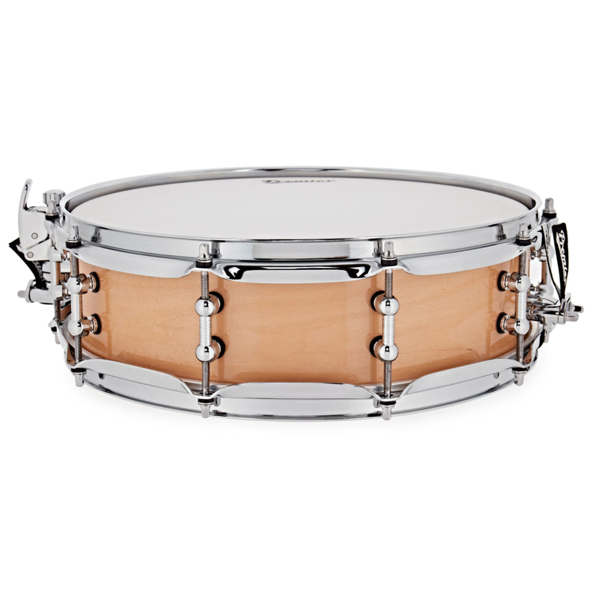 Front view of the Premier Beatmaker 14" x 4" maple snare drum with natural lacquer shell, chrome hoops and tube lugs