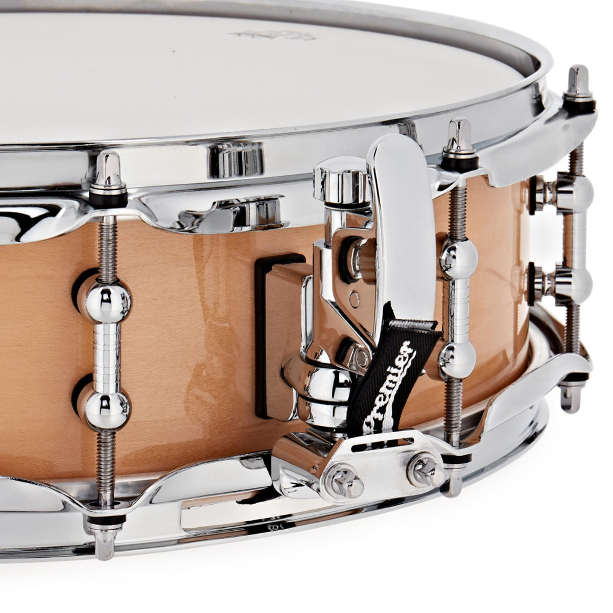 Close-up of the Dunnett snare strainer and throw-off on the Premier Beatmaker 14" x 4" maple snare drum