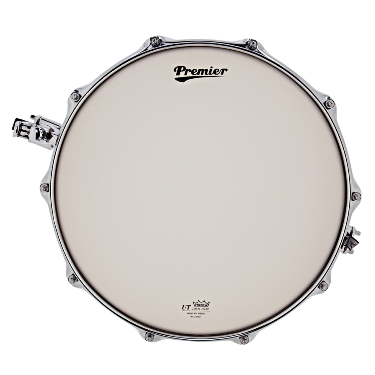 Top view of the coated batter head with Premier logo on the Premier Beatmaker 14" x 4" maple snare drum