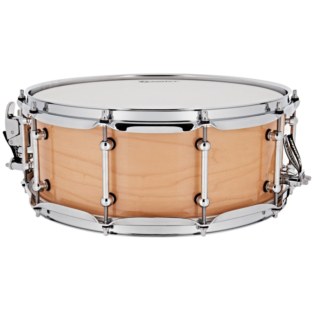 Front view of the Premier Beatmaker 14" x 5.5" maple snare drum with natural lacquer shell, chrome hoops and tube lugs