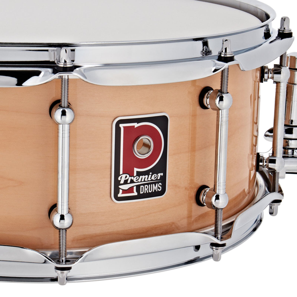 Close-up of the Dunnett snare strainer and throw-off on the Premier Beatmaker 14" x 5.5" maple snare drum