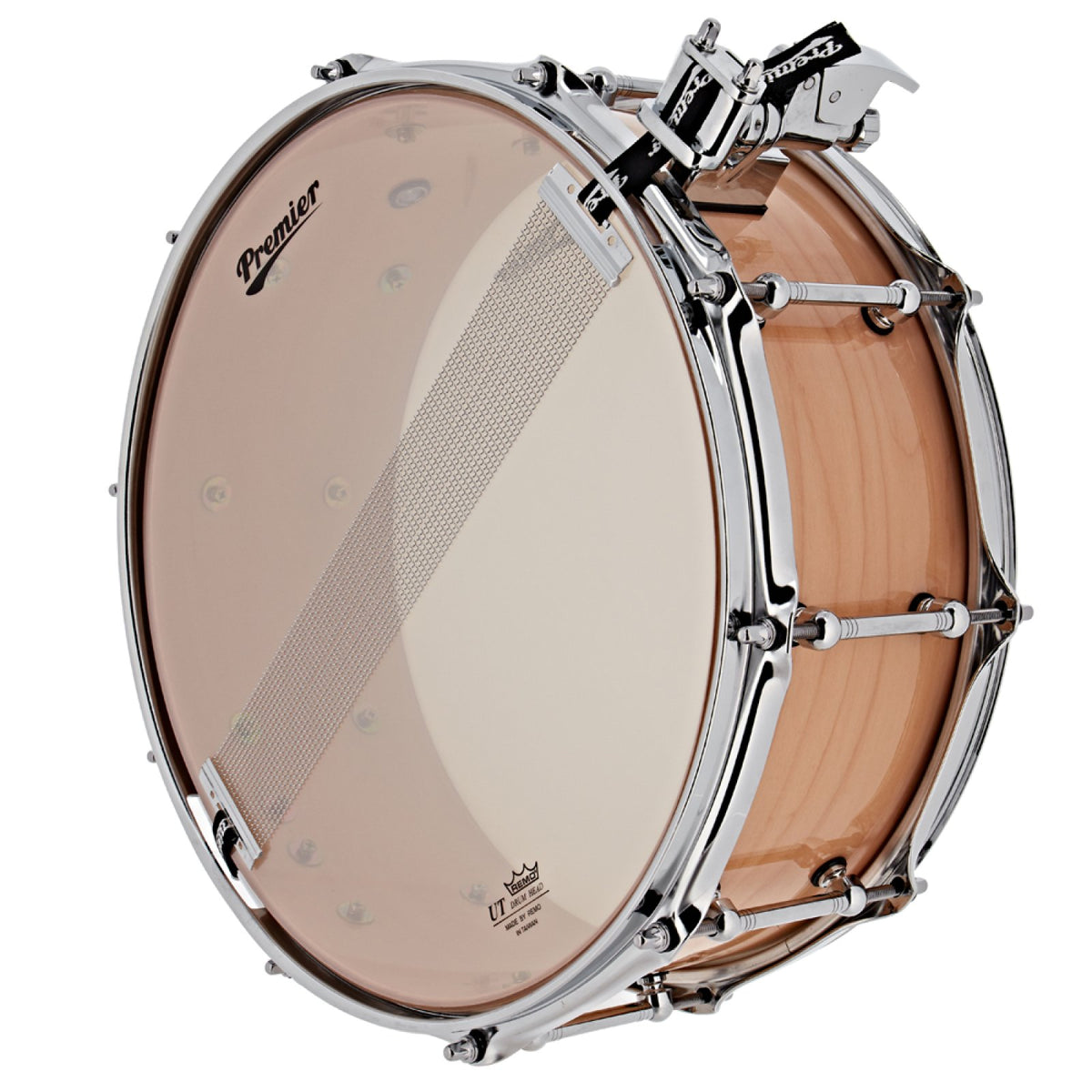Top view of the coated batter head with Premier logo on the Premier Beatmaker 14" x 5.5" maple snare drum