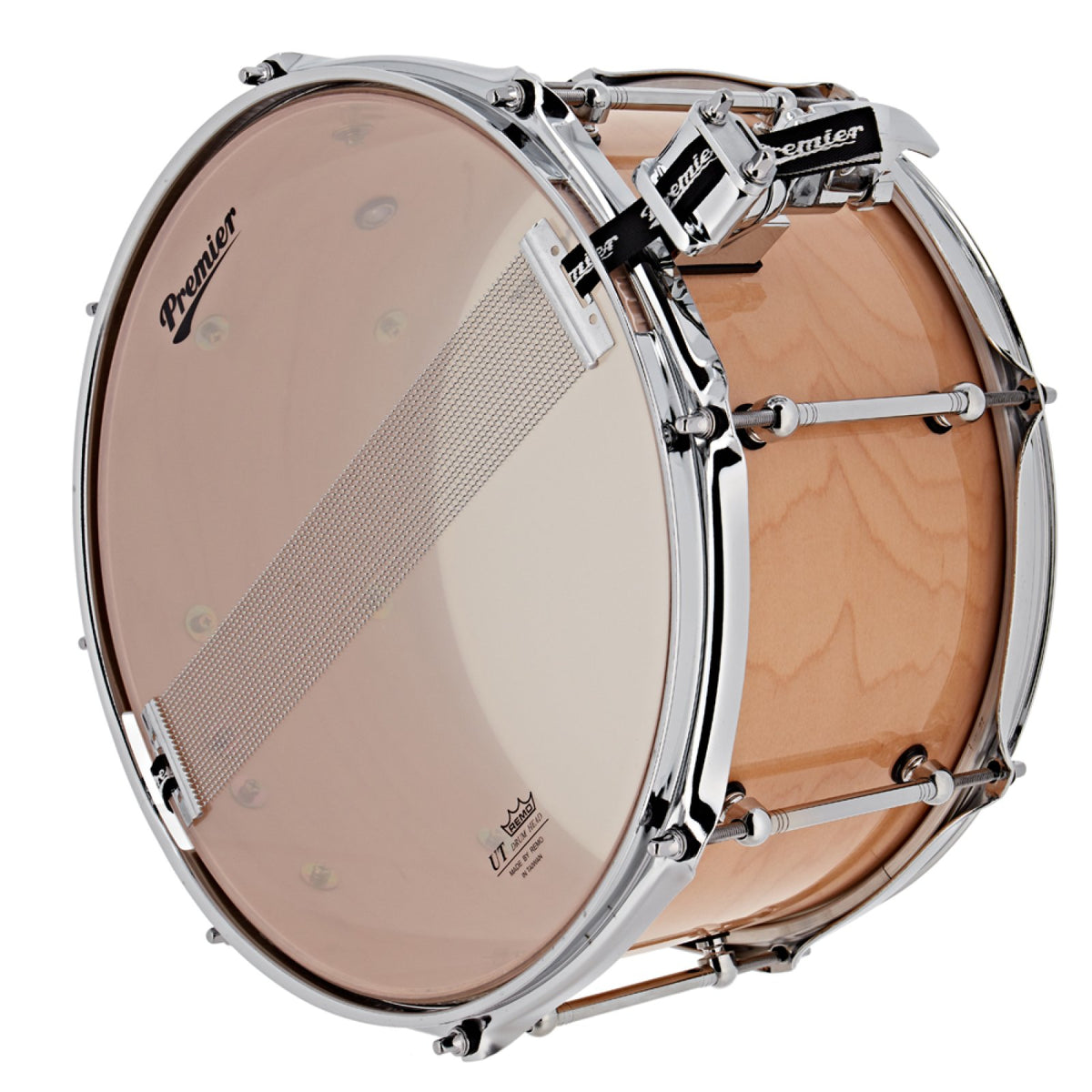 Top view of the coated batter head with Premier logo on the Premier Beatmaker 14" x 7" maple snare drum