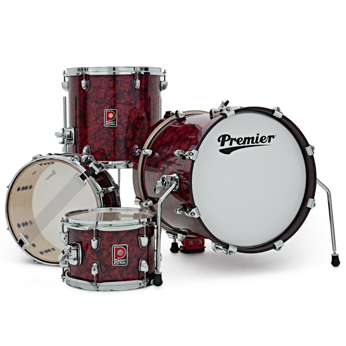 Rear view of the Premier Artist Heritage 16-inch 4-piece shell pack in Burgundy Pearl, showing the bass drum with Premier logo head and the toms and snare