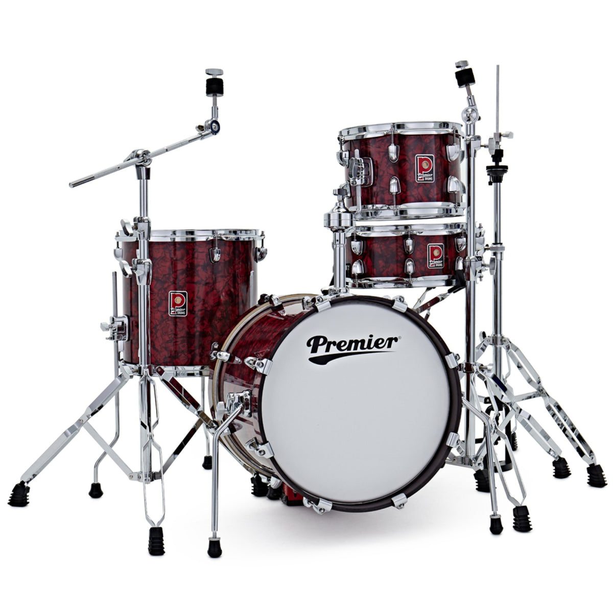 The Premier Artist Heritage 16-inch 4-piece shell pack in Burgundy Pearl set up with cymbal stands, hi-hat and drum hardware (hardware and cymbals not included)