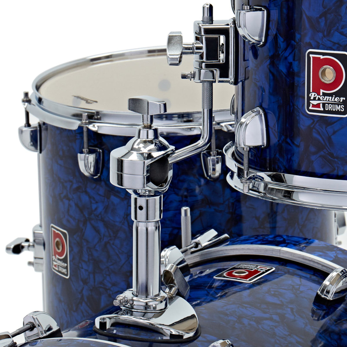 Close-up of the tom mount and bass drum hoop on the Premier Artist Heritage 18-inch 4-piece shell pack in Blue Pearl