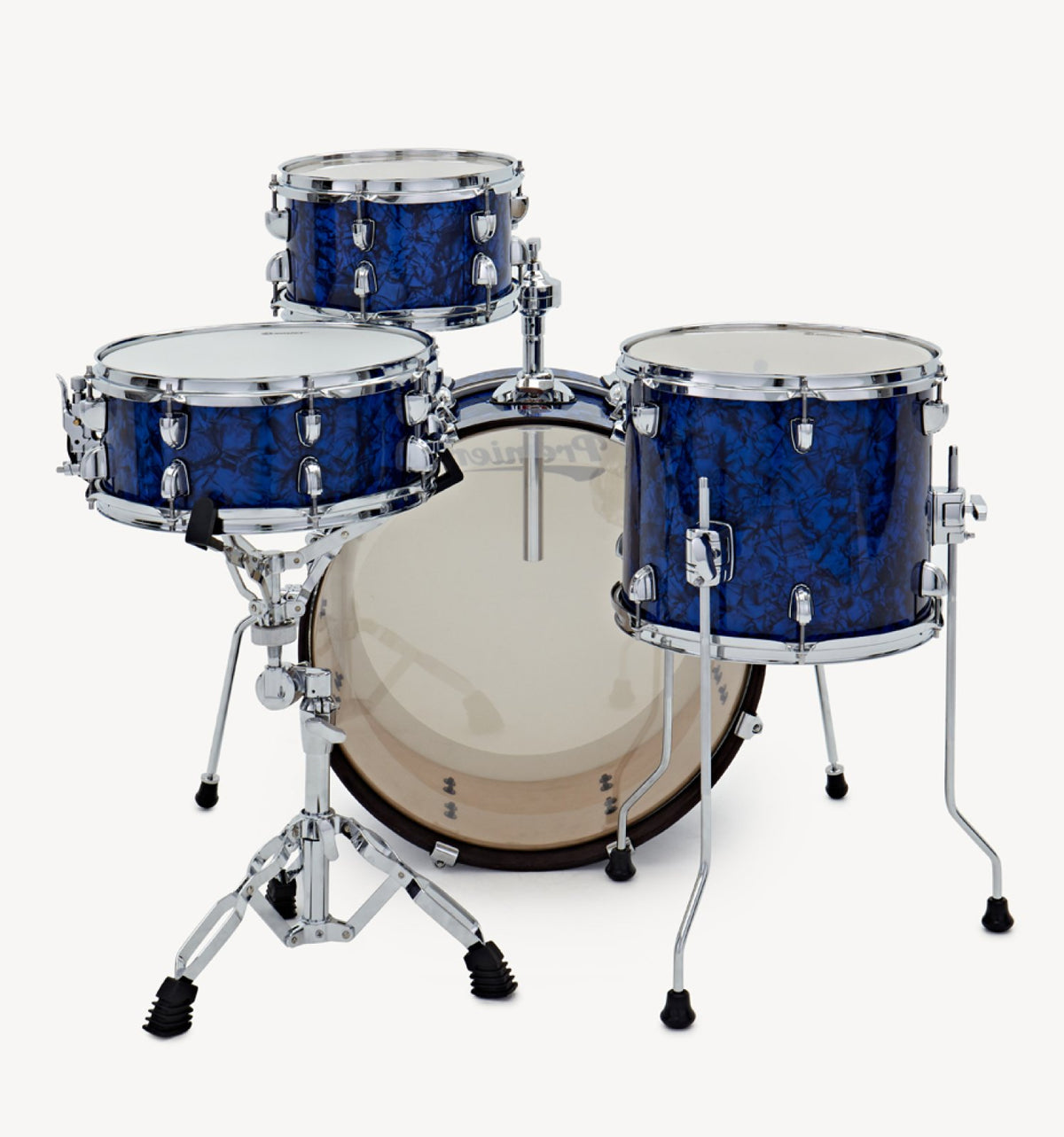 Front view of the Premier Artist Heritage 20-inch 4-piece shell pack in Blue Pearl, with toms, snare and bass drum shown on stands (stands and pedal are not included)