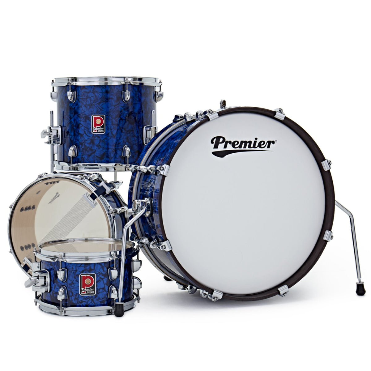 Rear view of the Premier Artist Heritage 20-inch 4-piece shell pack in Blue Pearl, showing the bass drum with Premier logo head and the toms and snare