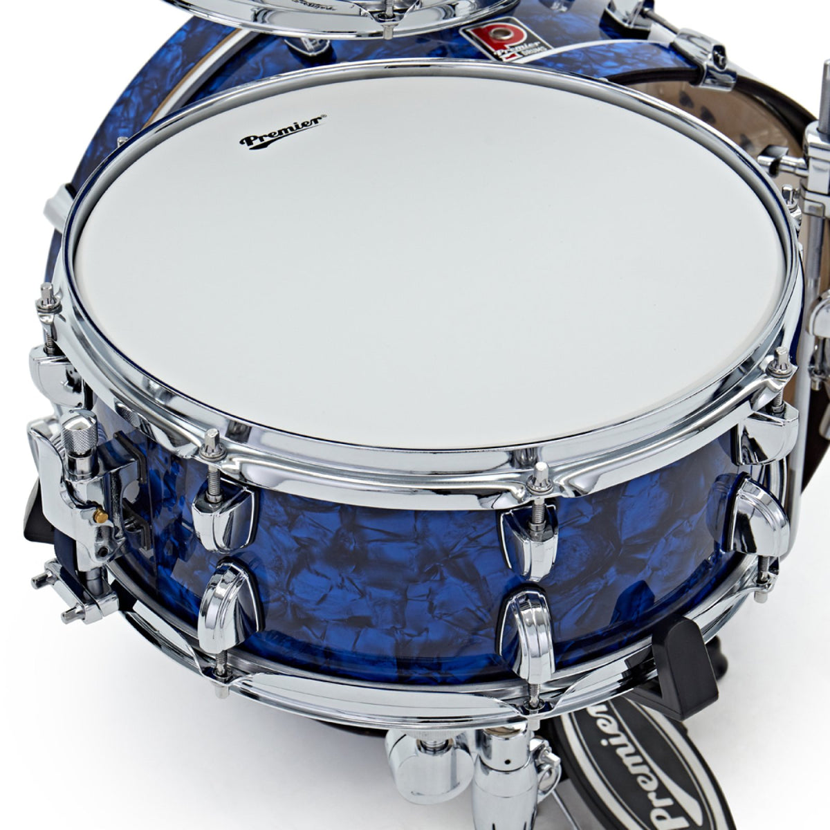 Top view of the snare drum with coated head from the Premier Artist Heritage 20-inch 4-piece shell pack in Blue Pearl
