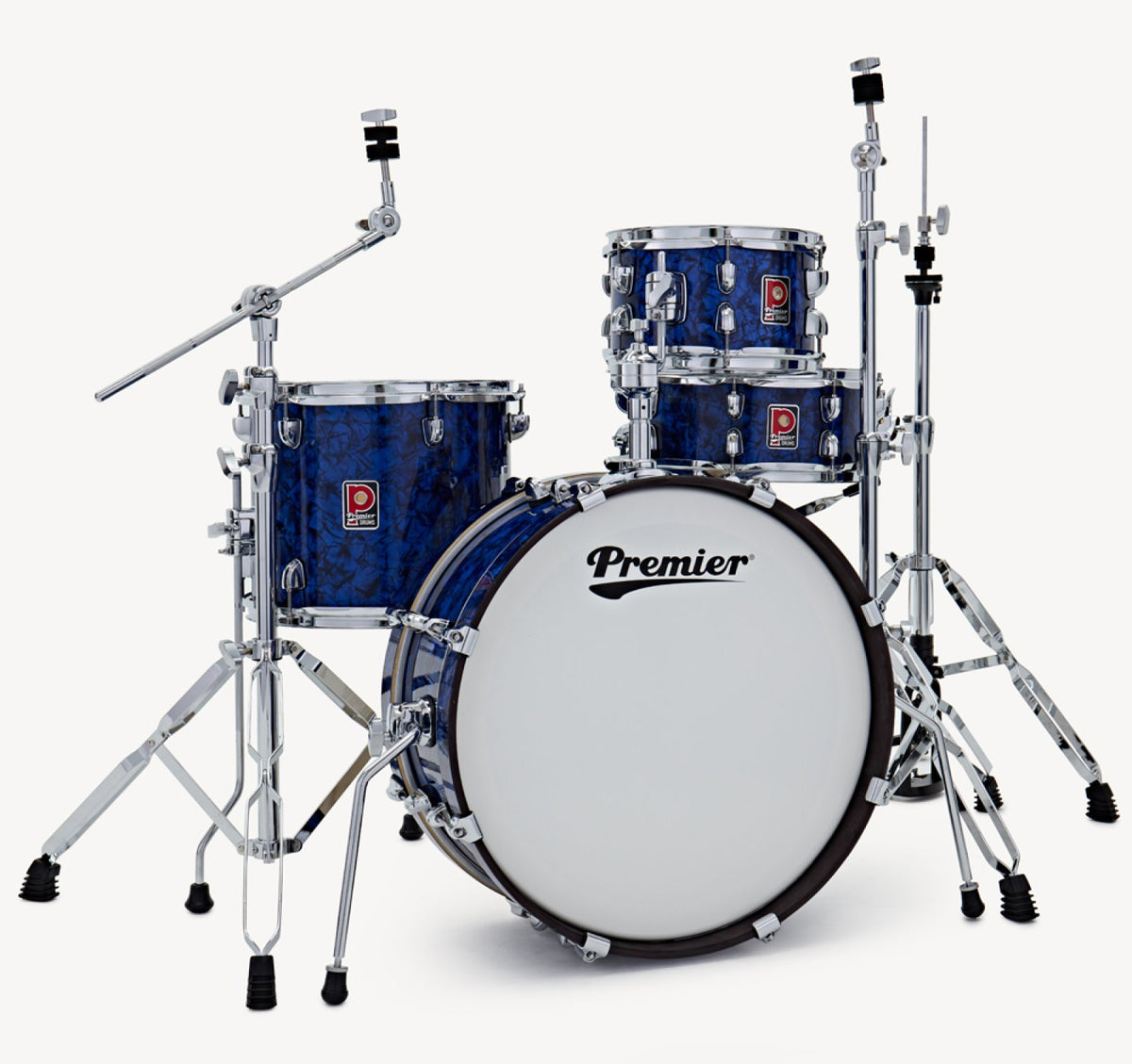 The Premier Artist Heritage 20-inch 4-piece shell pack in Blue Pearl set up with cymbal stands, hi-hat and drum hardware (hardware and cymbals not included)