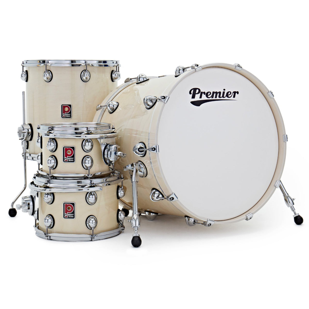 Premier Genista Classic Ermine shell pack, side view of the 22 x 18 bass drum, 16 x 16 floor tom and two rack toms