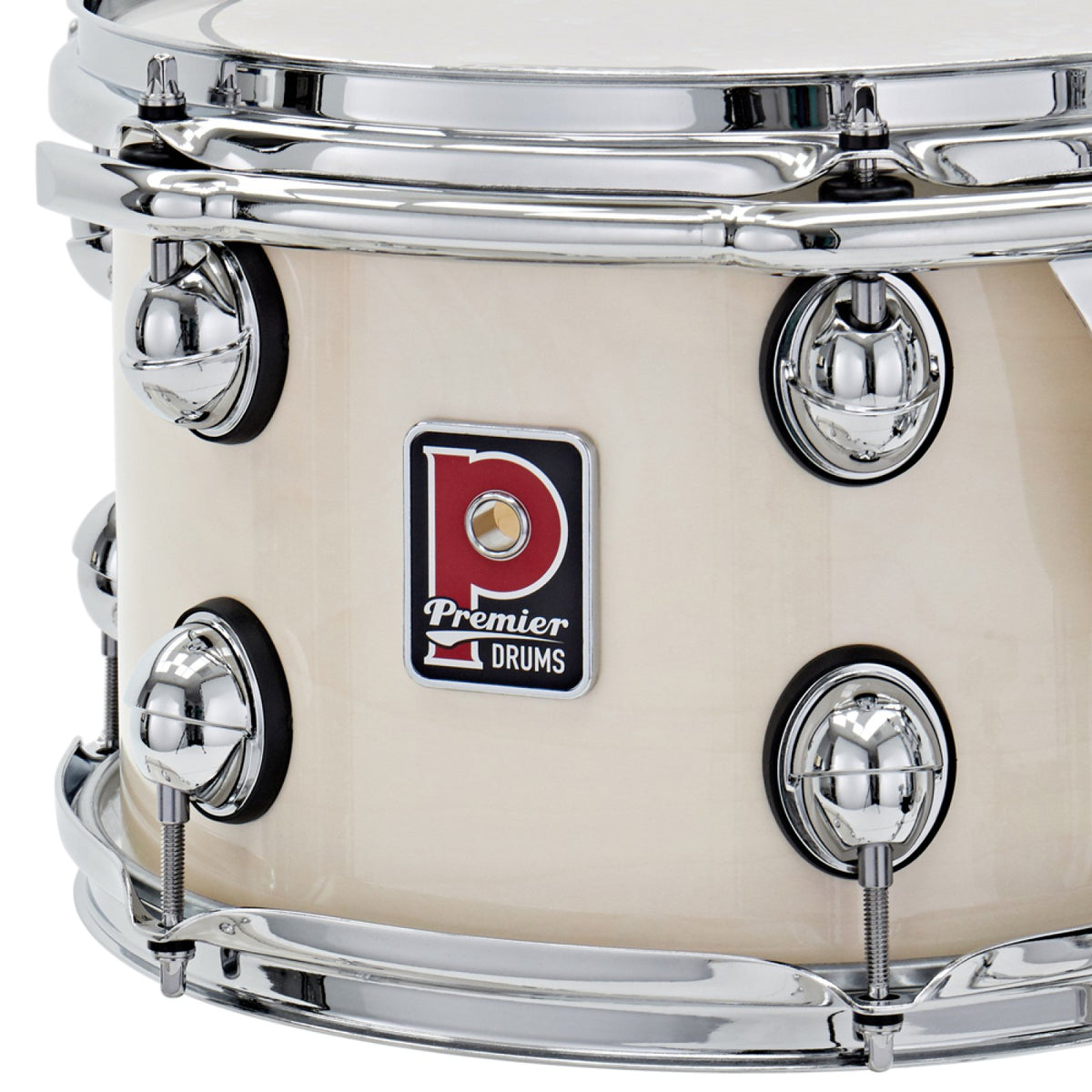 Close-up of the Premier badge, tension lugs and triple-flange hoop on an Ermine Premier Genista Classic rack tom