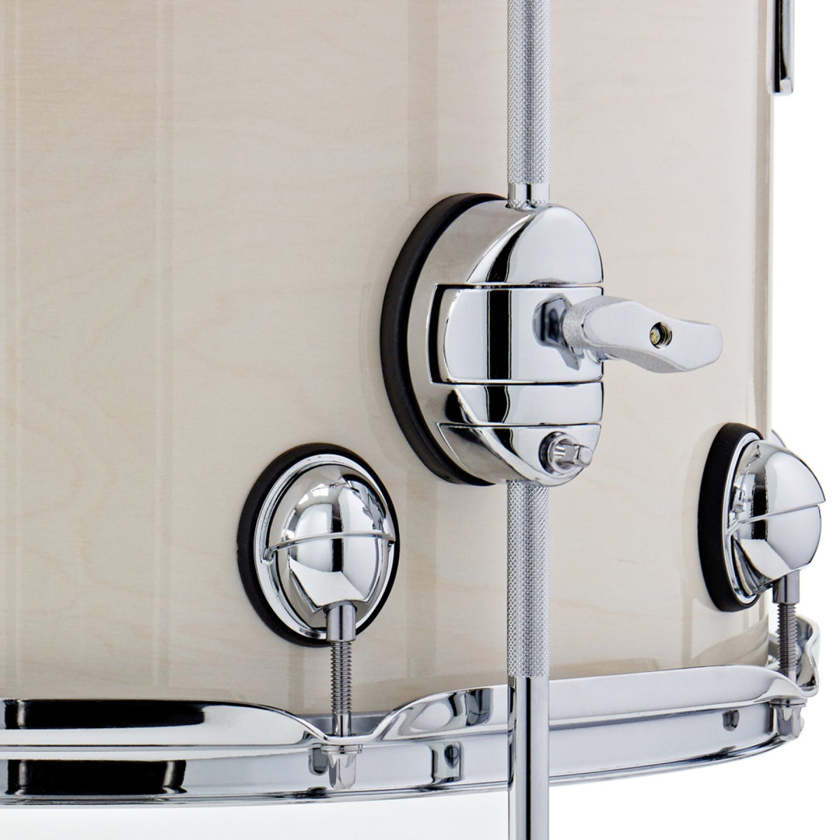 Close-up of the low-profile ISO mount and lugs on an Ermine Premier Genista Classic floor tom