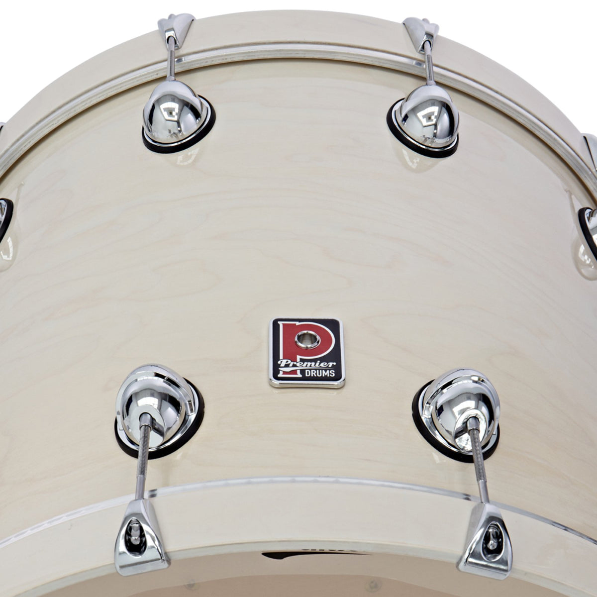 Close-up of the Premier badge and tension lugs on the Ermine Genista Classic 22 x 18 bass drum