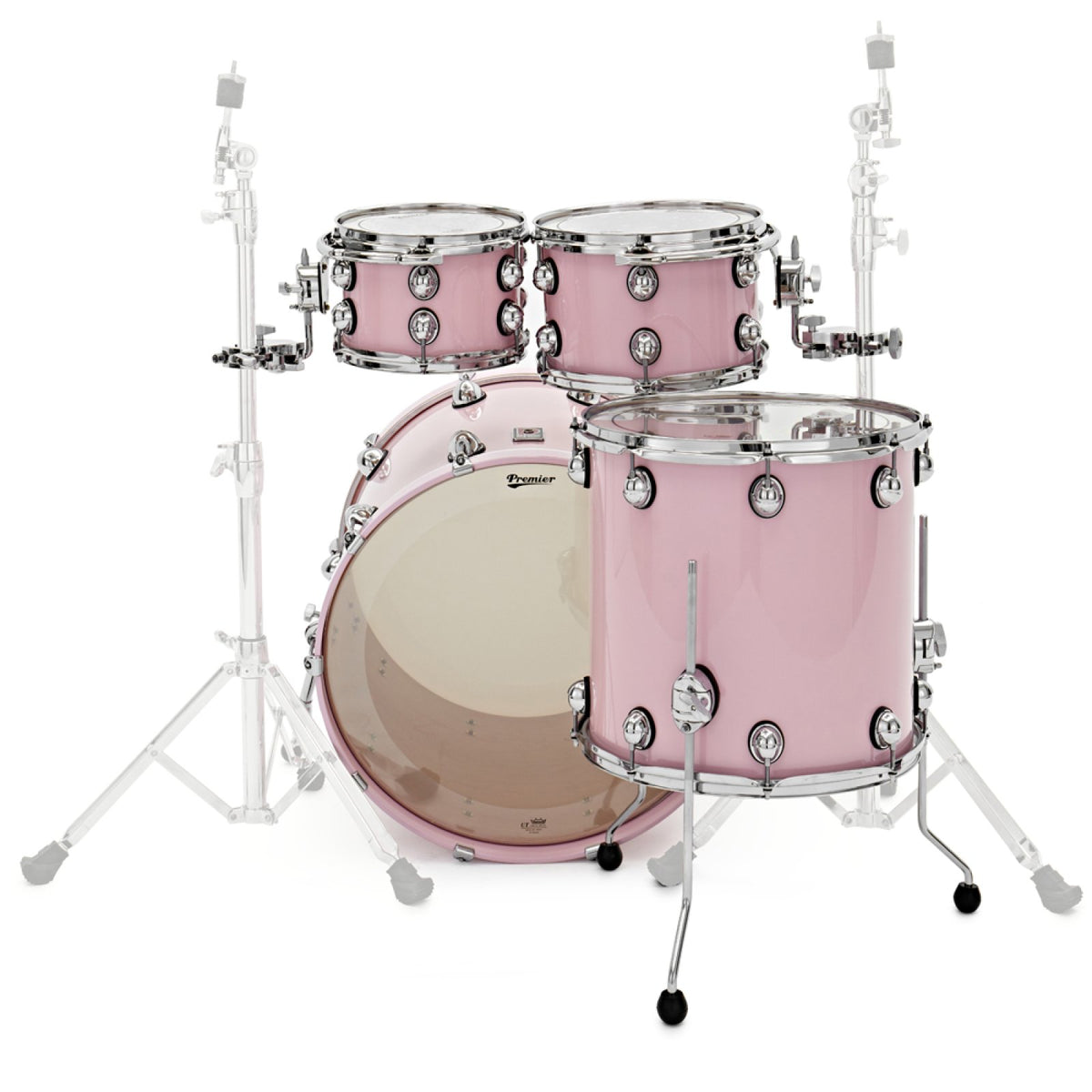 Premier Genista Maple 22" 4-piece shell pack in Pink gloss lacquer, front view of two rack toms, floor tom and bass drum on stands