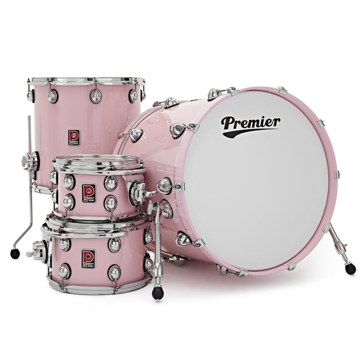 Premier Genista Maple Pink shell pack, side view of the 22 x 18 bass drum, 16 x 16 floor tom and two rack toms