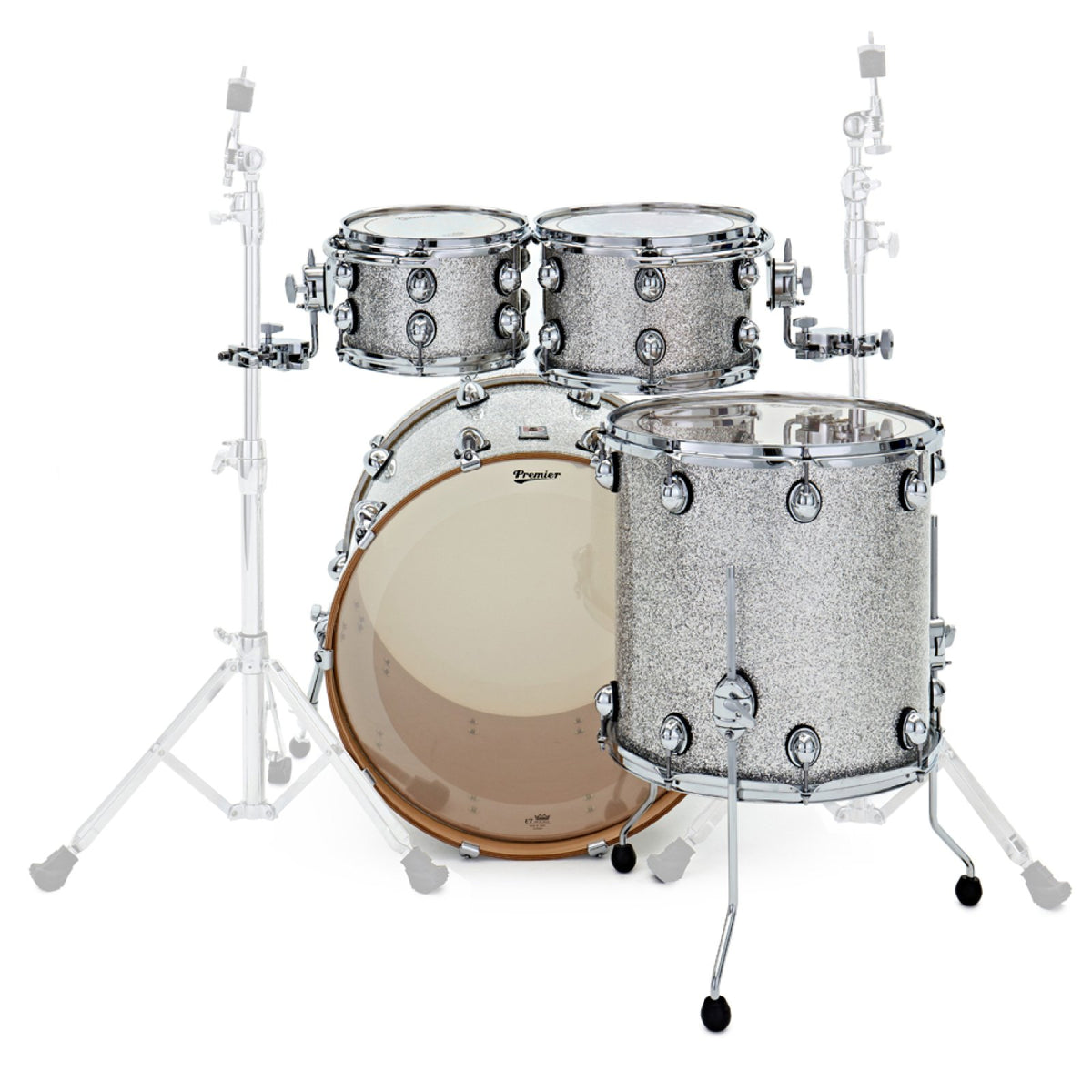 Premier Genista Maple 22" 4-piece shell pack in Silver Sparkle, front view of two rack toms, floor tom and bass drum on stands