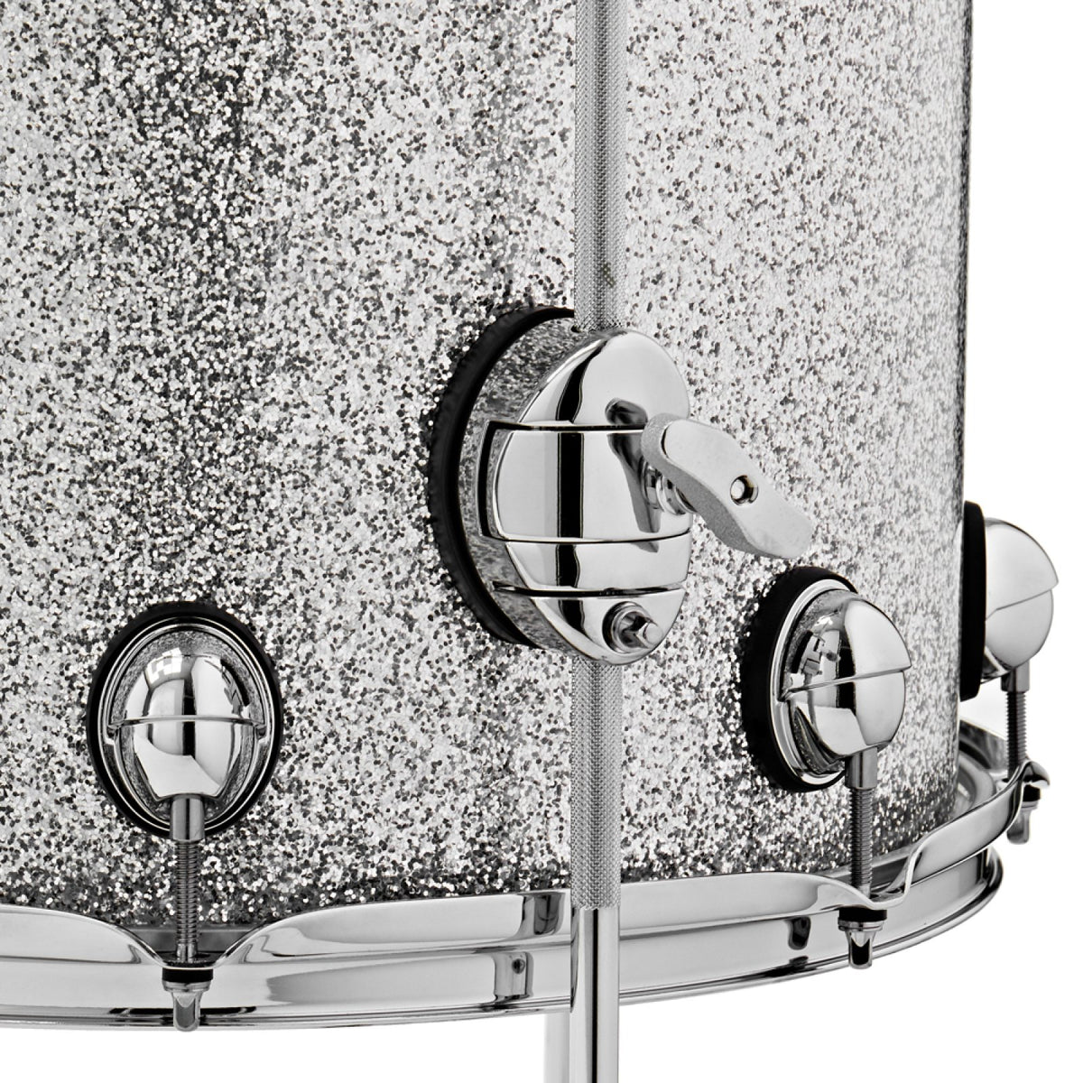 Close-up of the low-profile ISO mount and lugs on a Silver Sparkle Premier Genista Maple floor tom