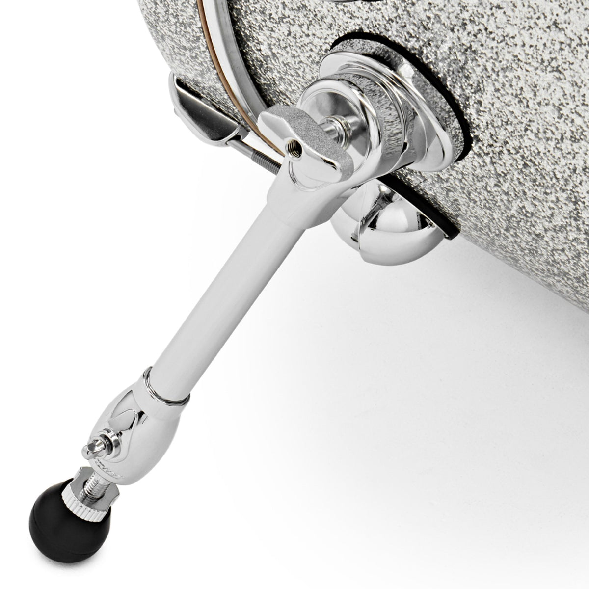 Close-up of the bass drum spur and rubber foot on the Silver Sparkle Premier Genista Maple bass drum